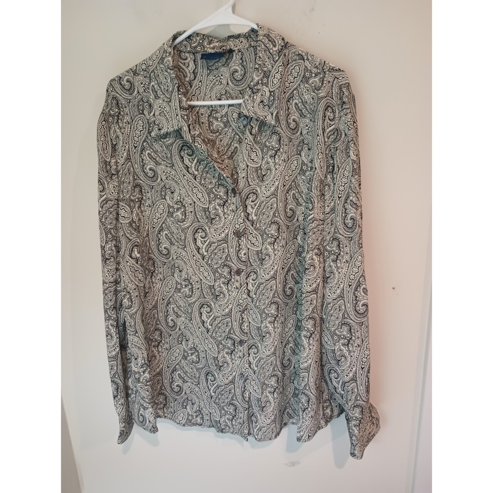 Charter Club 20W 100% Silk Paisley Blouse Vintage Boho Long Sleeve Top Black...